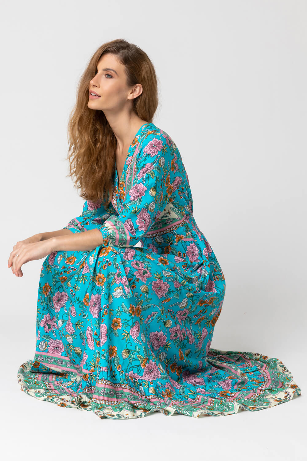 Blue Floral Border Print Maxi Dress, Image 5 of 5