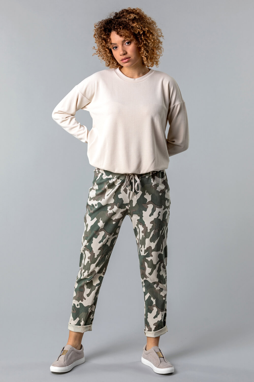 Pale Green Camo Print Crinkle Lounge Pant, Image 3 of 4