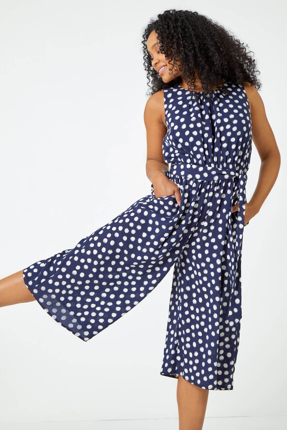 Navy  Petite Polka Dot Cropped Jumpsuit, Image 4 of 5