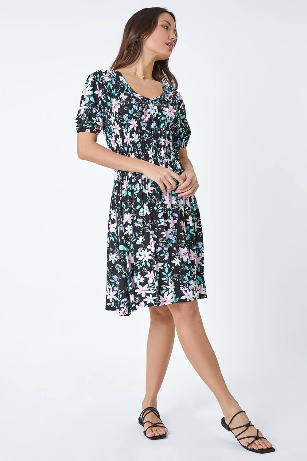 Floral Print Shirred Stretch Dress