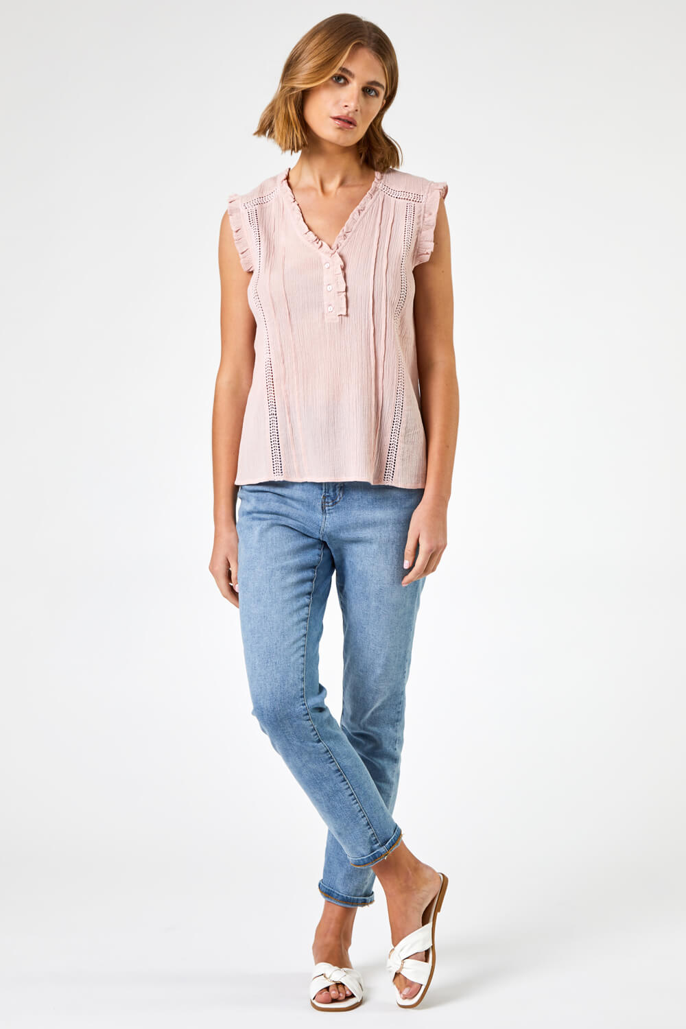 Light Pink Ruffle Detail Cotton Crinkle Top, Image 3 of 5