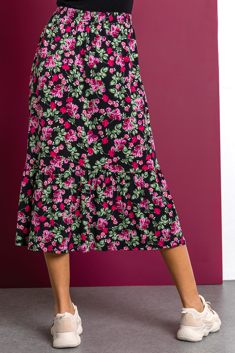 Black Floral Curved Hem Midi Skirt, Image 2 of 5