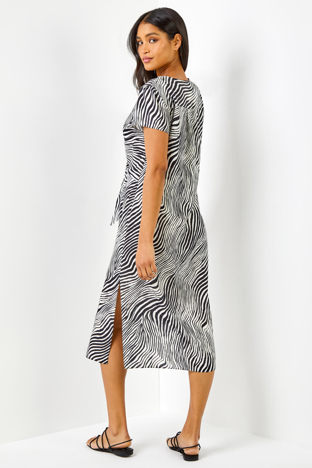 Black Abstract Wave Print Tie Knot Detail Dress, Image 2 of 6