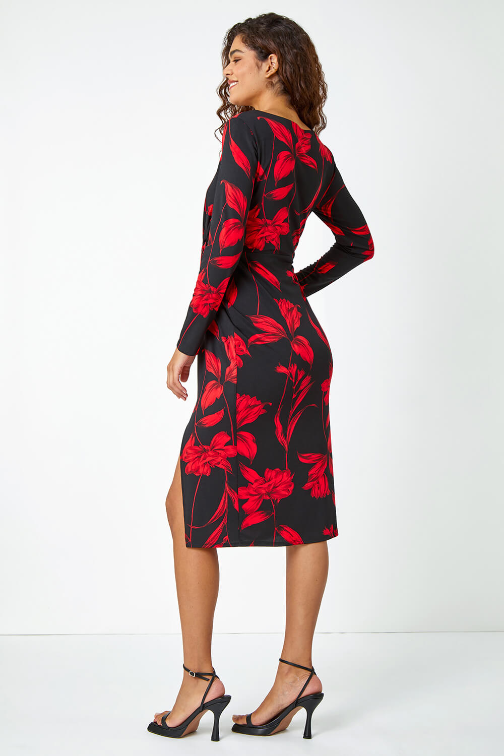 Red Floral Print Twist Detail Stretch Dress, Image 3 of 5