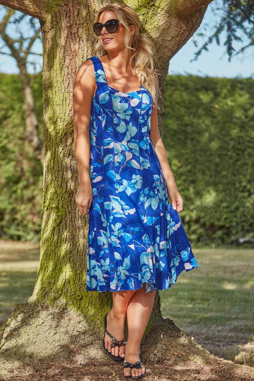 Royal Blue Floral Print Panel Fit and Flare Dress, Image 3 of 4