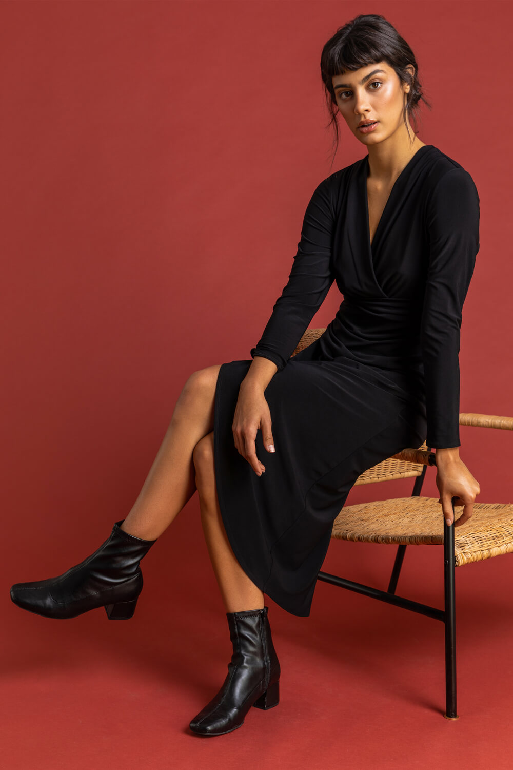 Black Fitted Jersey Ruched Wrap Dress, Image 5 of 5