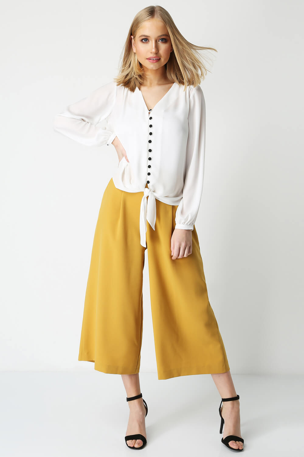 Ivory  Contrast Button Tie Front Blouse, Image 2 of 8