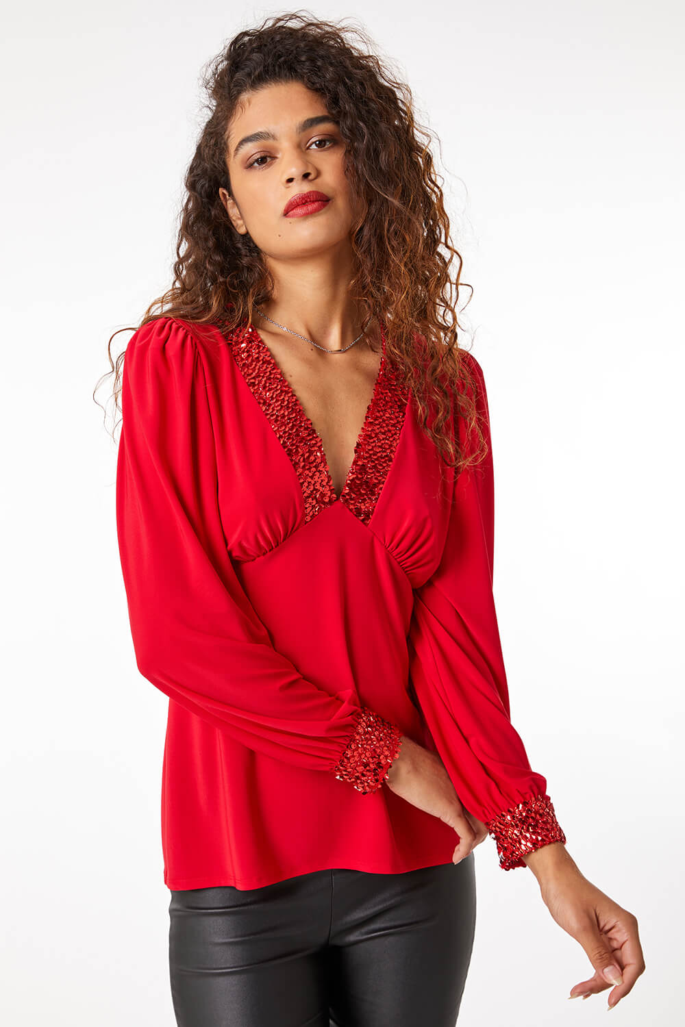 Red Sequin Trim Stretch Top, Image 1 of 5