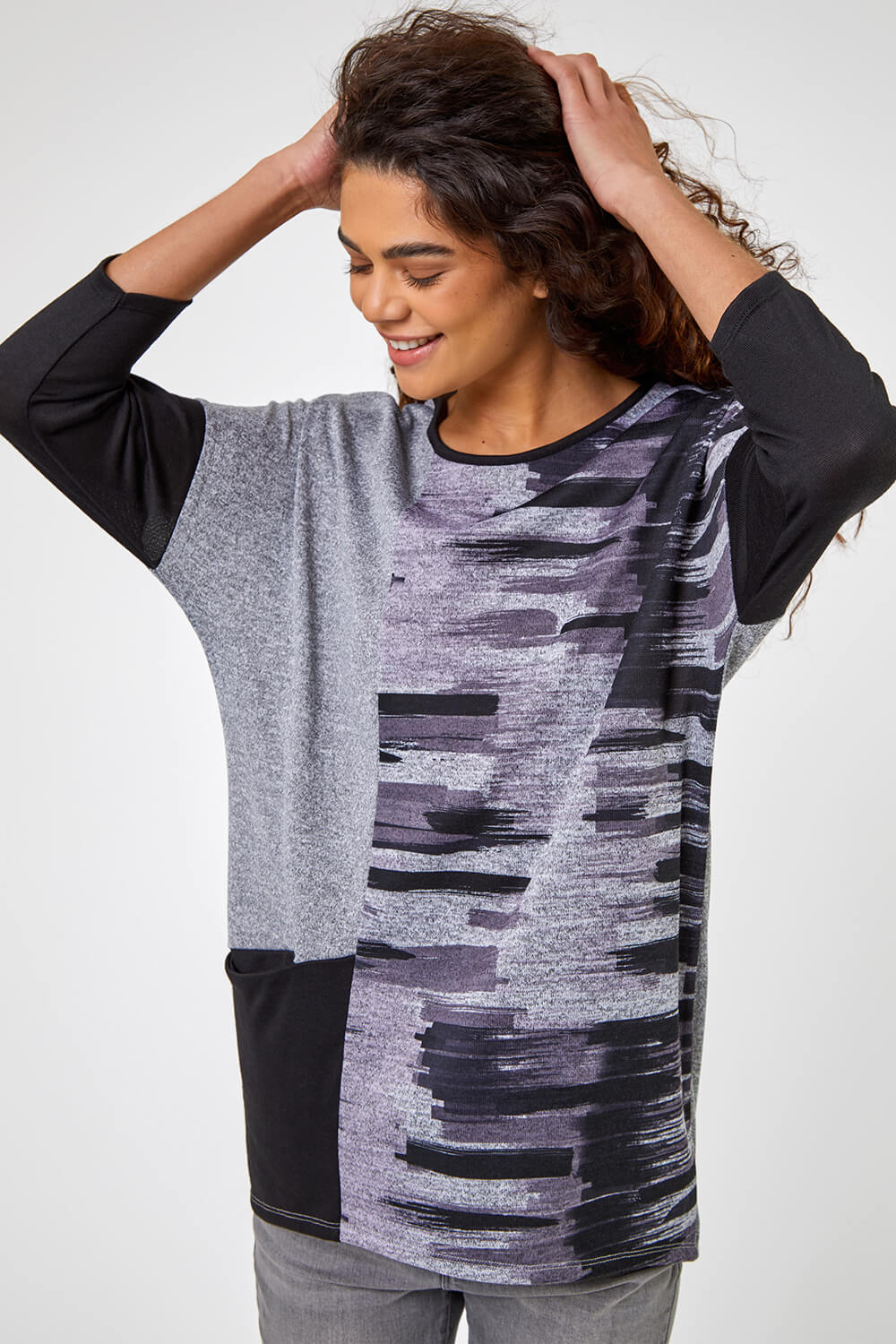 Grey Colour Block Graphic Print Tunic Top, Image 4 of 5