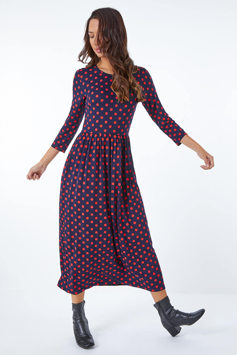 Spot Print Gathered Waist Midi Dress in Red - Roman Originals UK