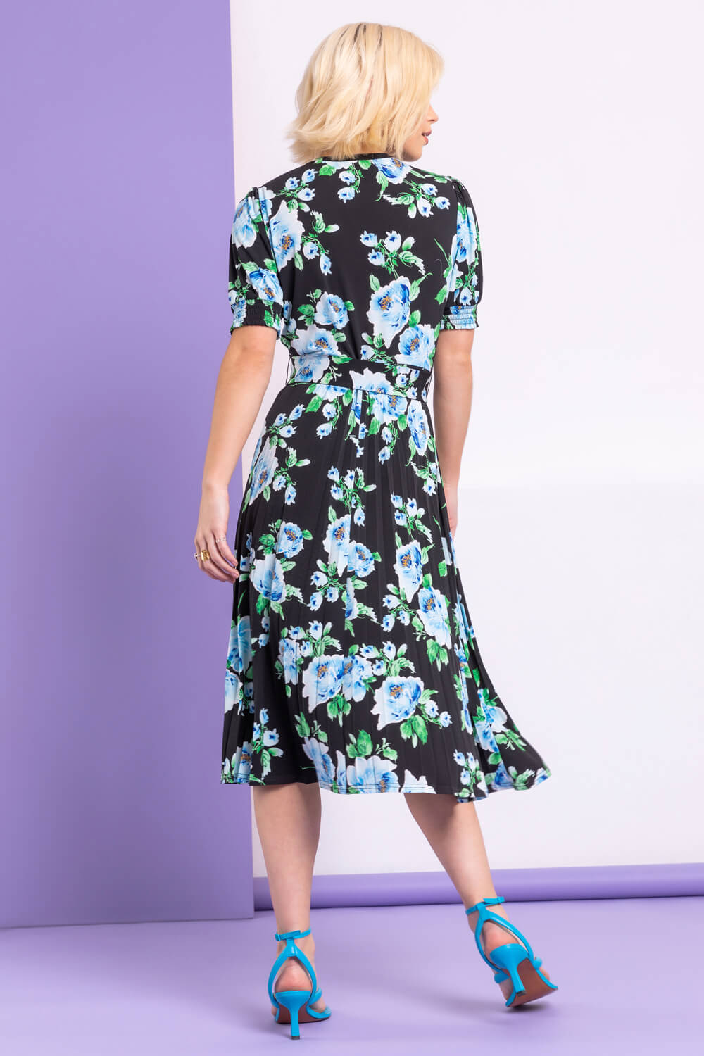 Black Floral Pleated Fit & Flare Dress, Image 2 of 5
