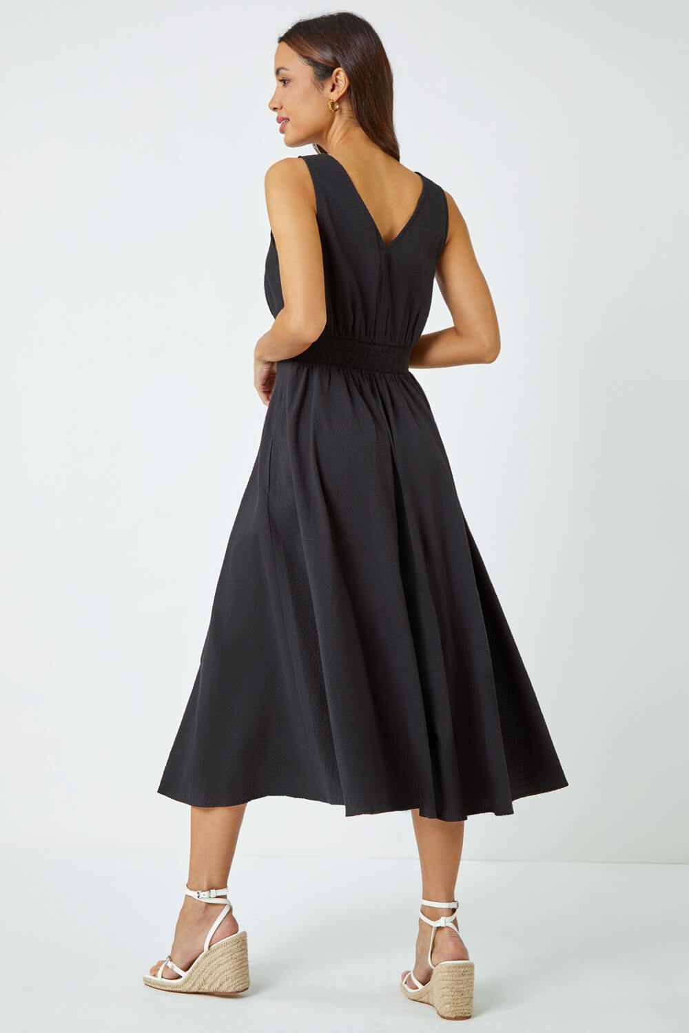 Black Sleeveless Button Detail Cotton Midi Dress, Image 3 of 5