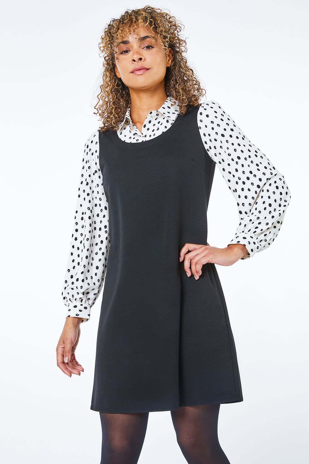 Black Petite 2 in 1 Pinafore Dress with Shirt, Image 4 of 5