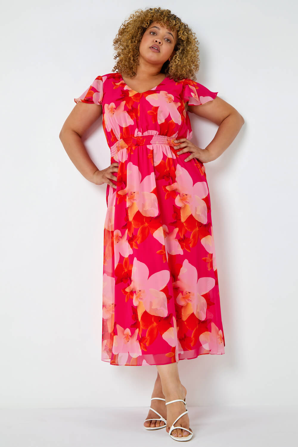 PINK Curve Floral Shirred Maxi Dress, Image 1 of 5
