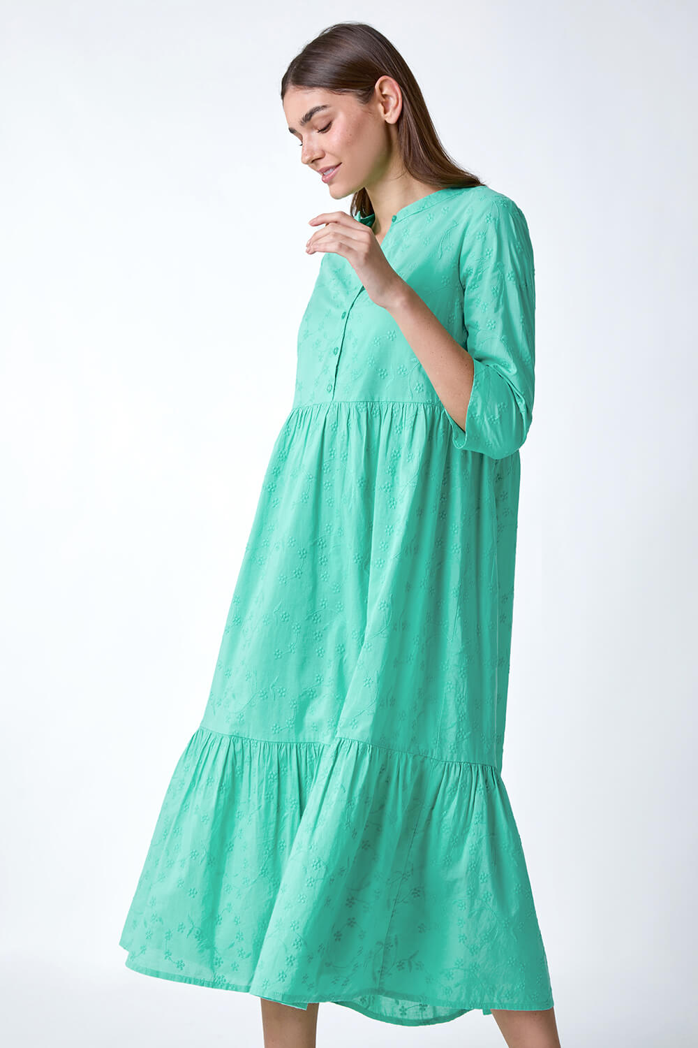 Mint Embroidered Tiered Cotton Midi Dress, Image 2 of 5