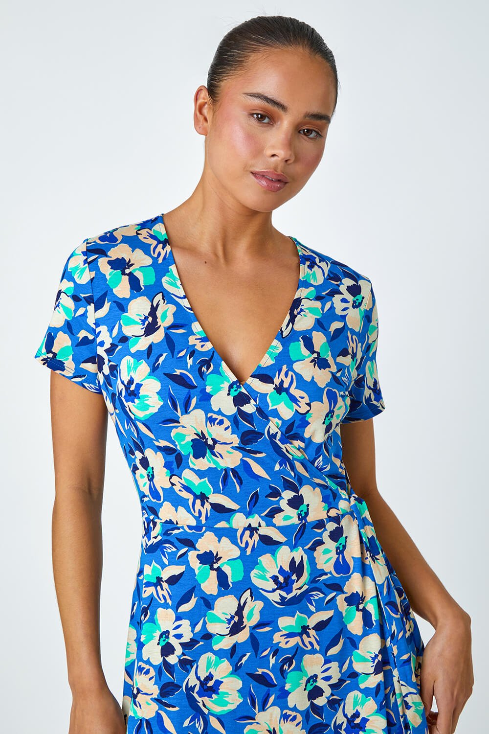 Turquoise Petite Floral Stretch Wrap Dress, Image 4 of 5