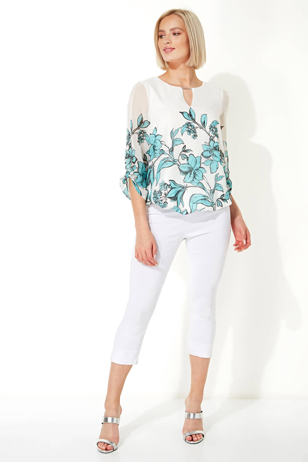 Turquoise Floral Border Print Top, Image 2 of 4