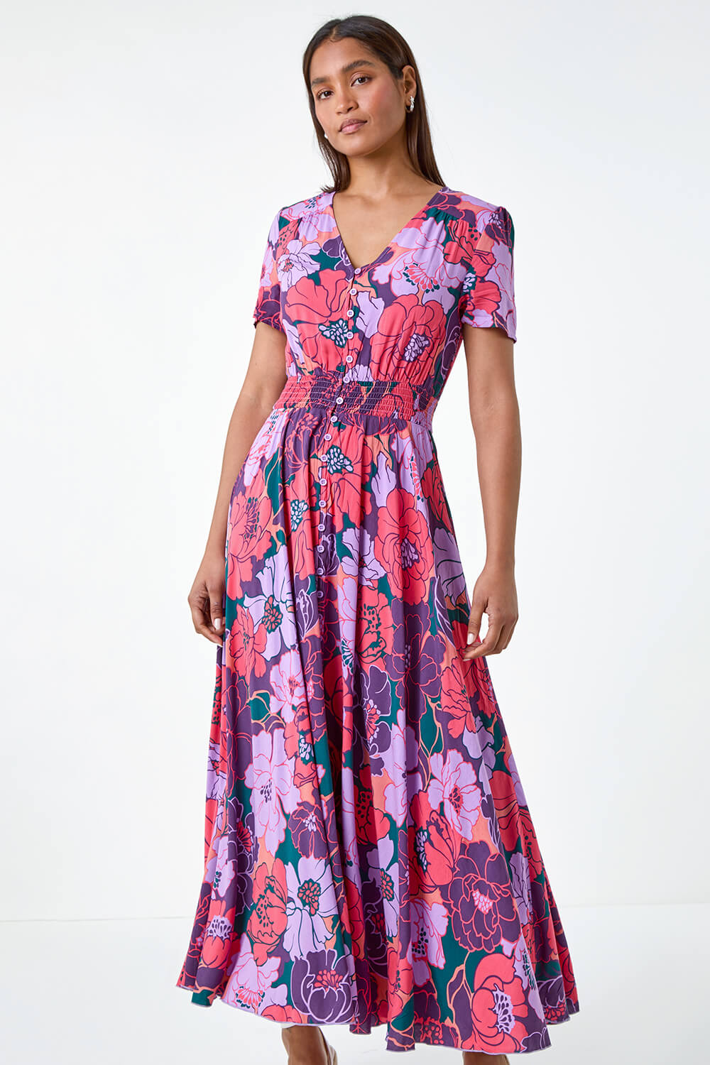 Purple Floral Print Button Detail Maxi Dress | Roman UK