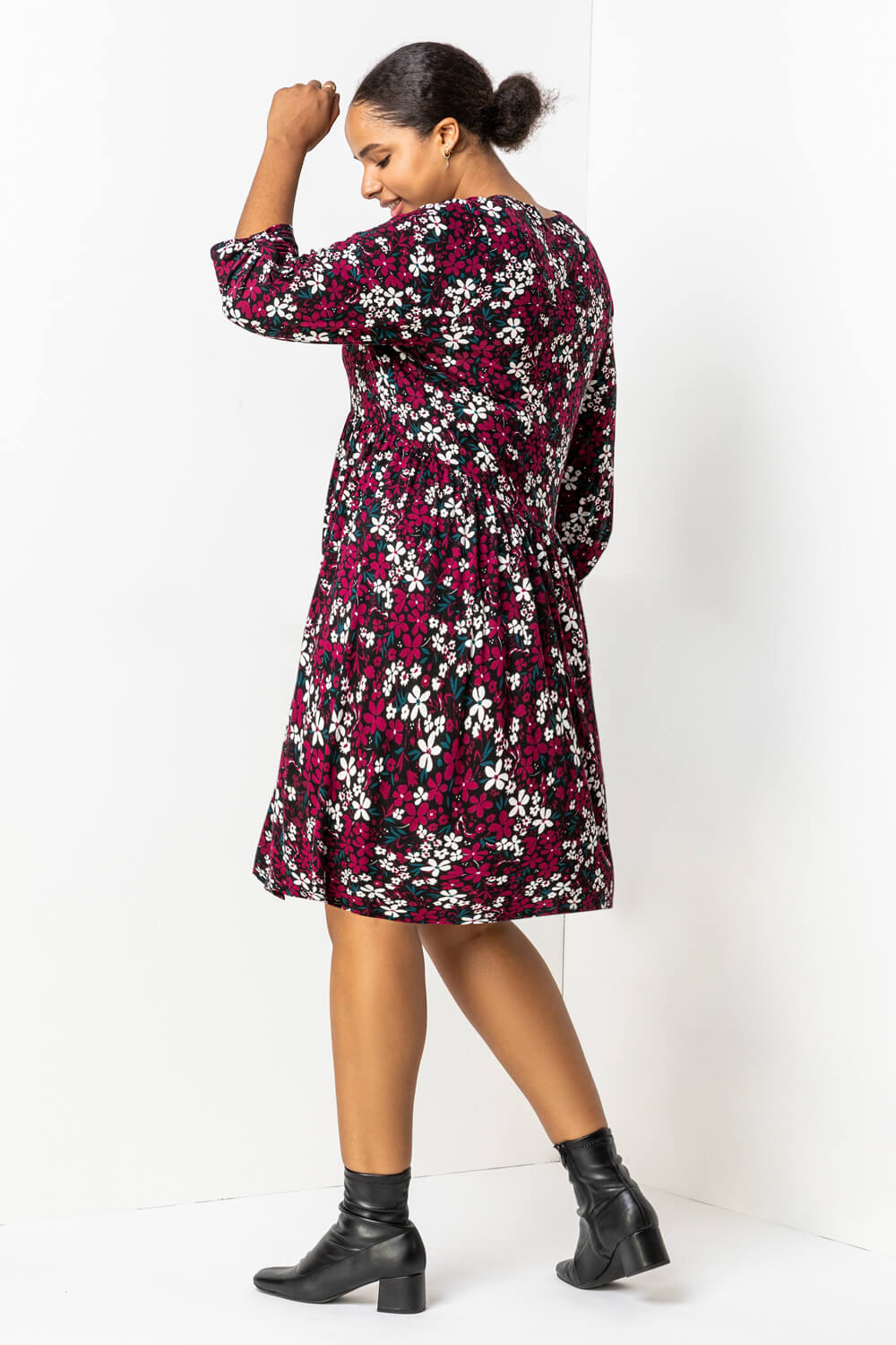 Maroon Curve Floral Print Gathered Waist Dress, Image 2 of 5