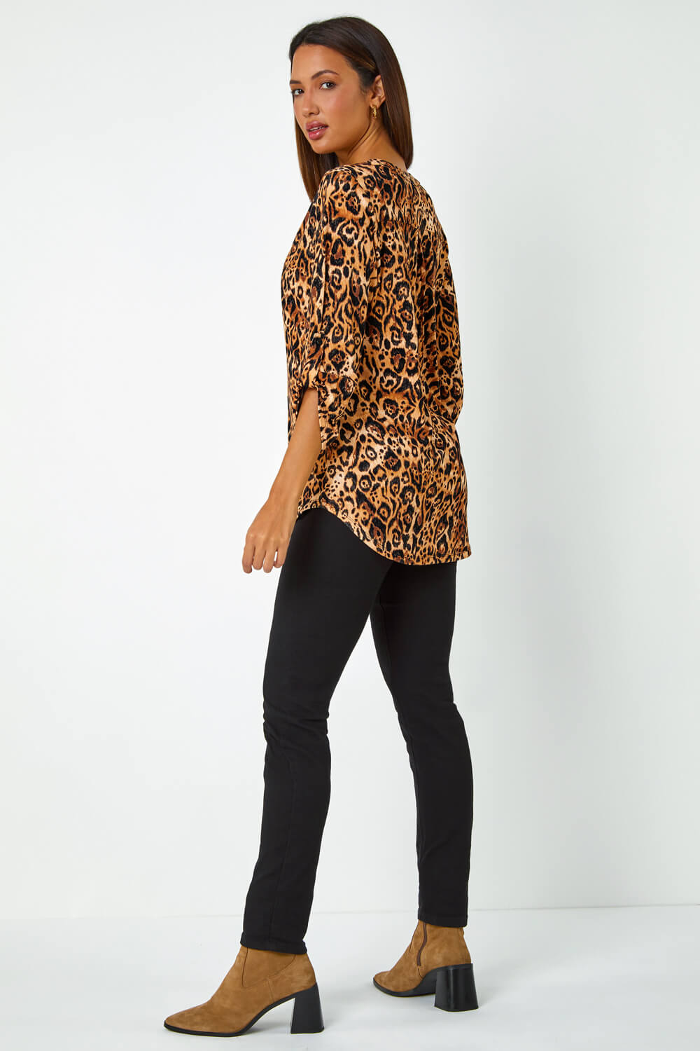Natural  Animal Print Button Detail Stretch Top, Image 3 of 5