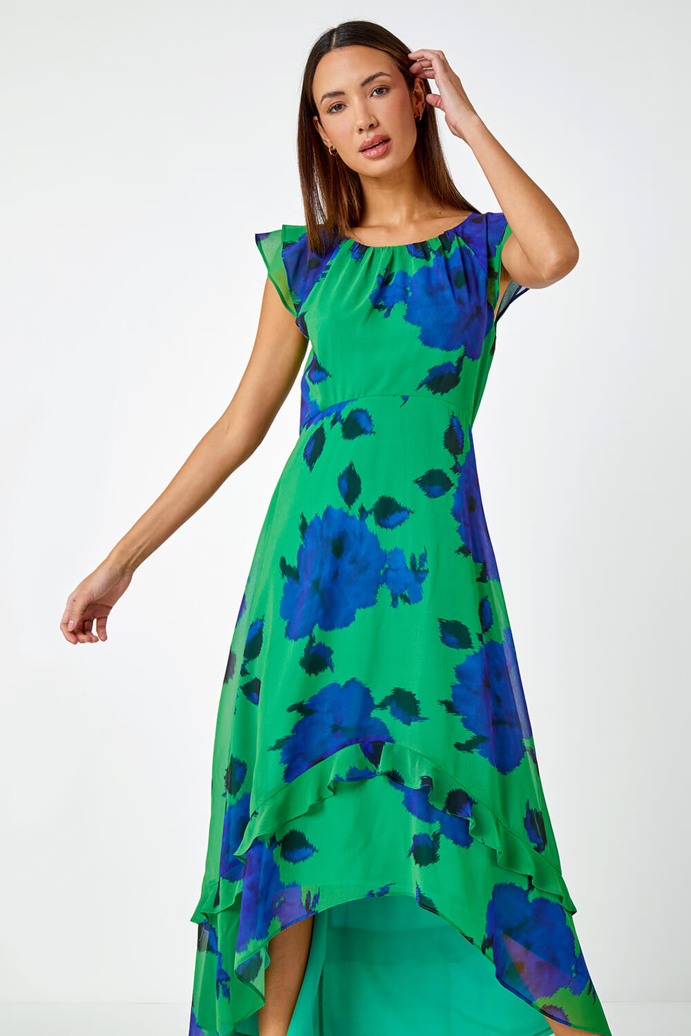 Green Floral Frill Detail Chiffon Midi Dress, Image 2 of 5