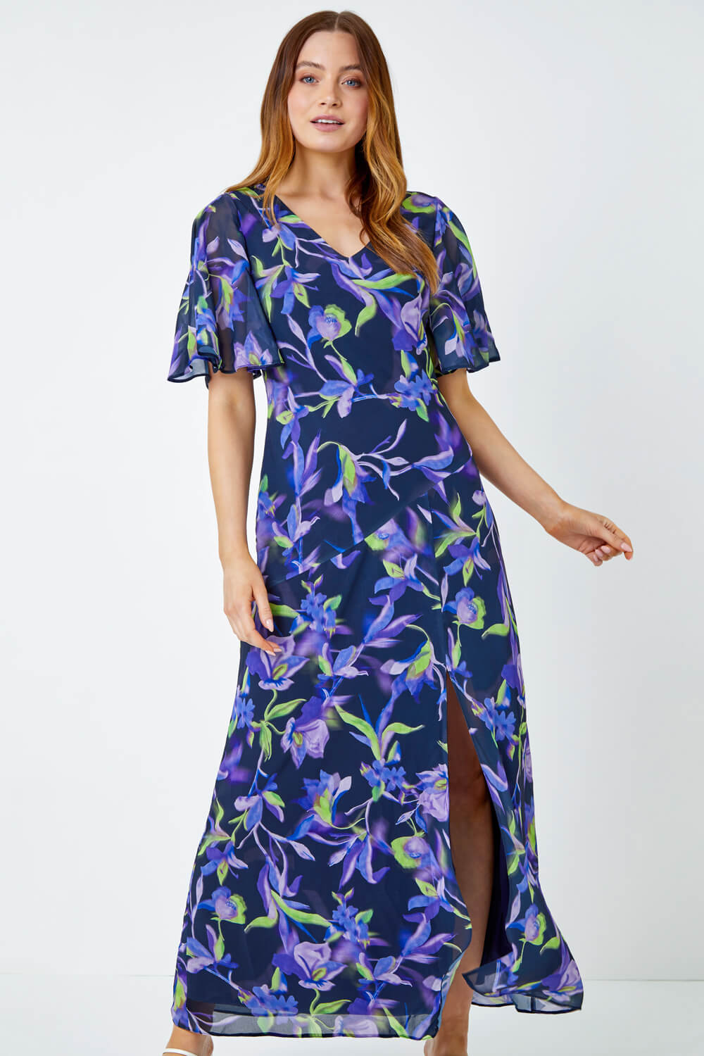 Navy  Floral Print Chiffon Maxi Dress, Image 2 of 5