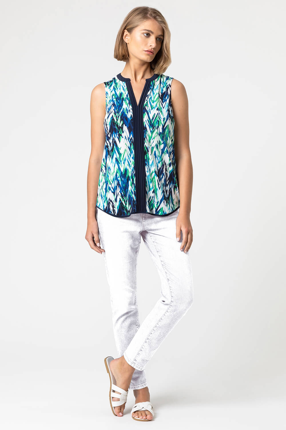 Green Abstract Print Notch Neck Sleeveless Top, Image 3 of 4