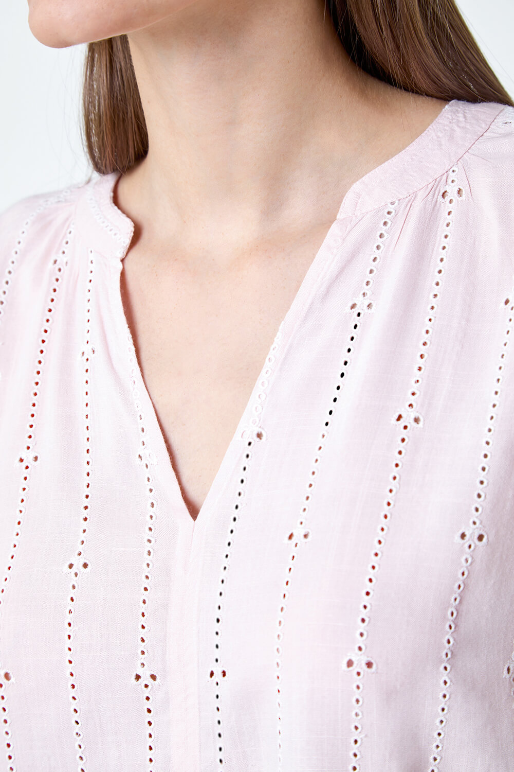 Light Pink Embroidered Stripe Notch Neck Top, Image 5 of 5