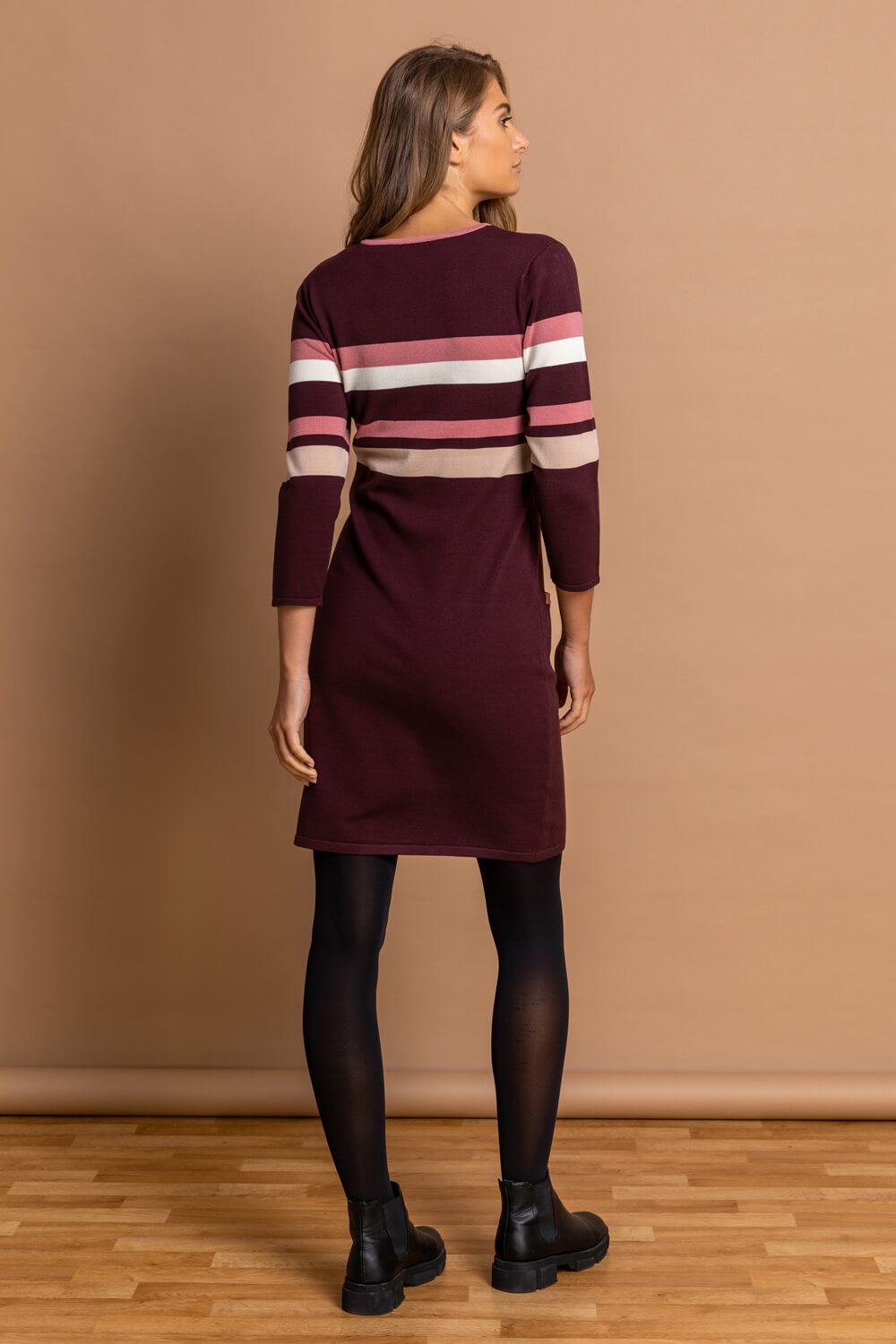 Purple Contrast Stripe Print Jumper Dress, Image 2 of 4