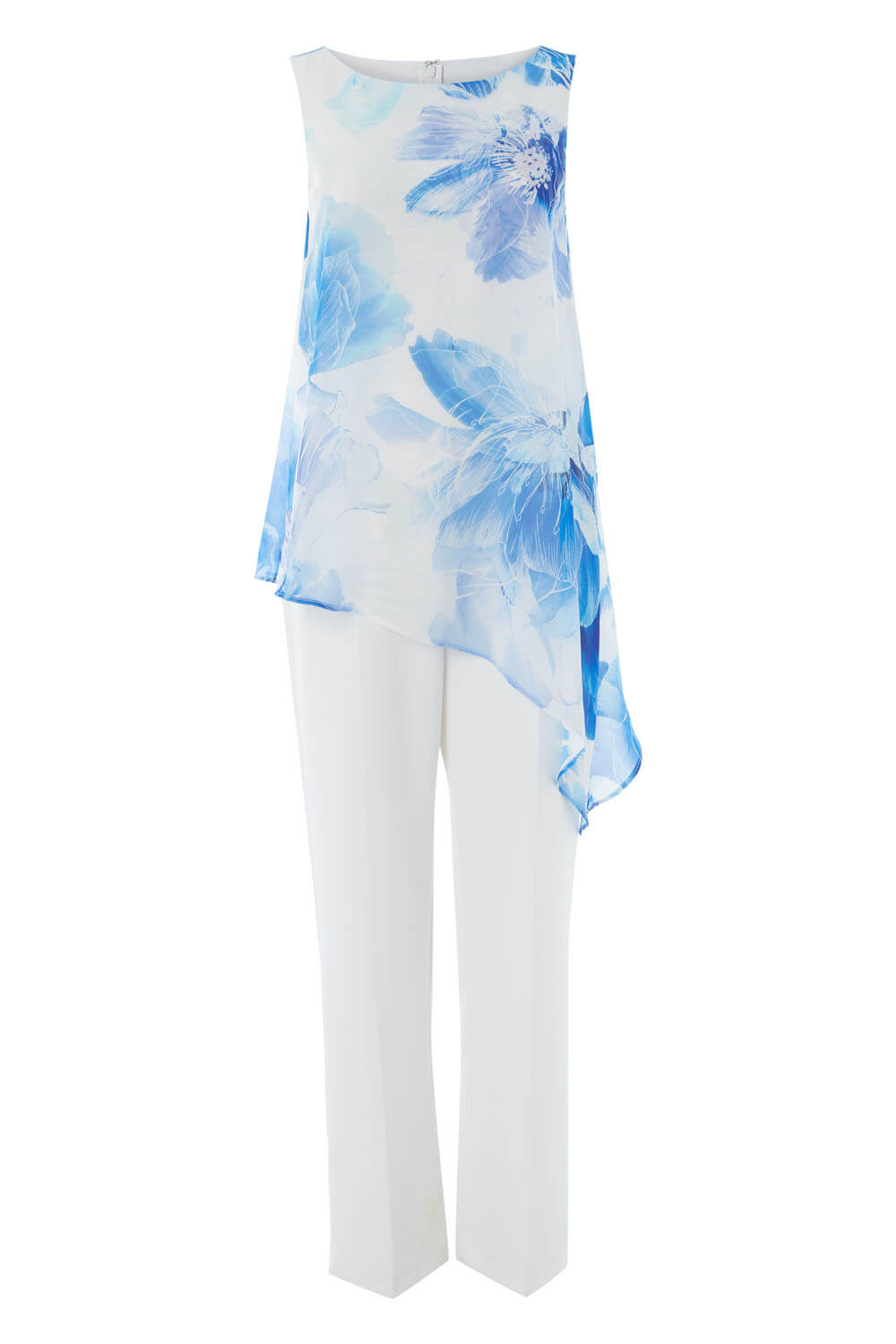 Royal Blue Floral Chiffon Overlay Jumpsuit, Image 4 of 4