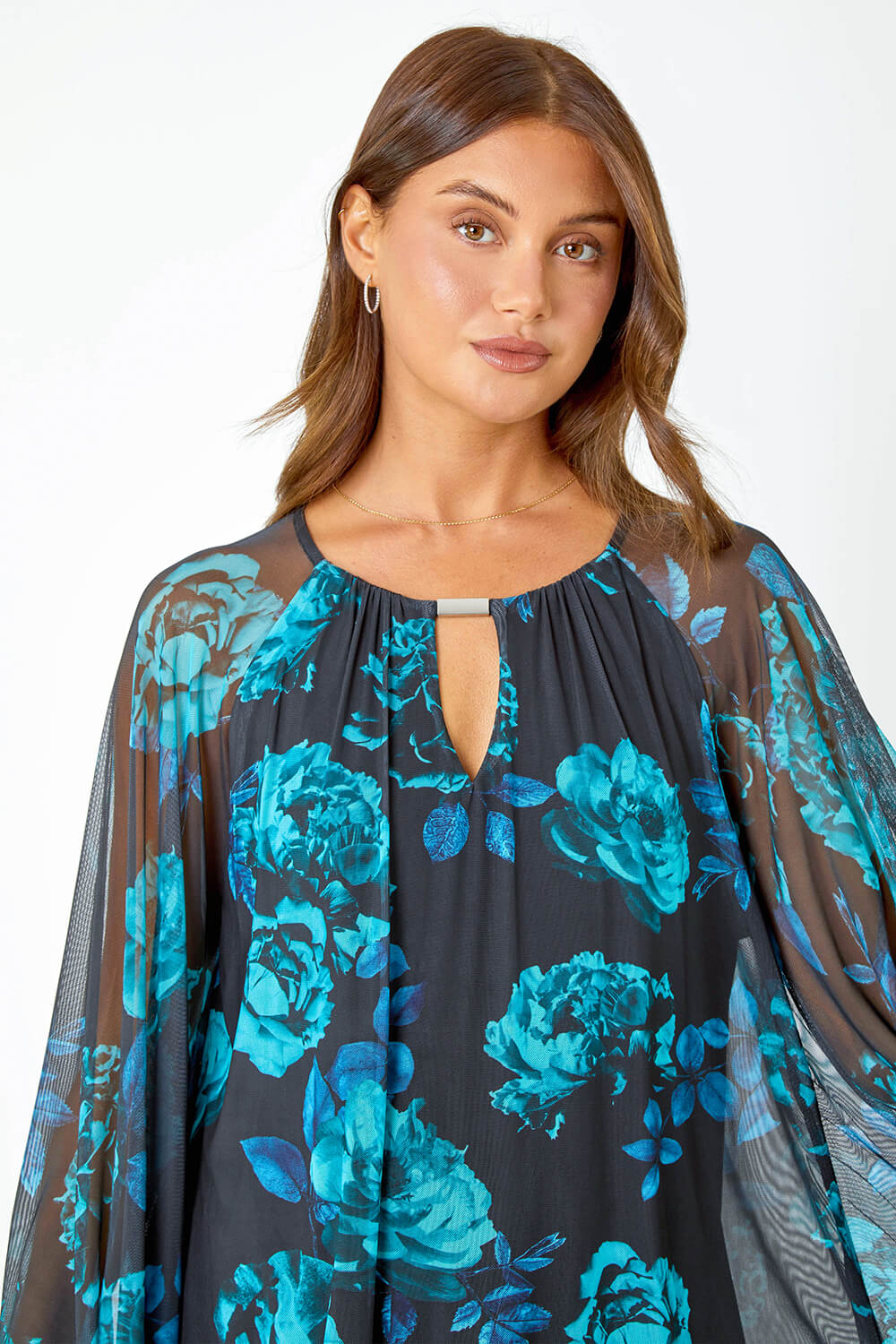 Blue Floral Print Mesh Stretch Top, Image 4 of 5
