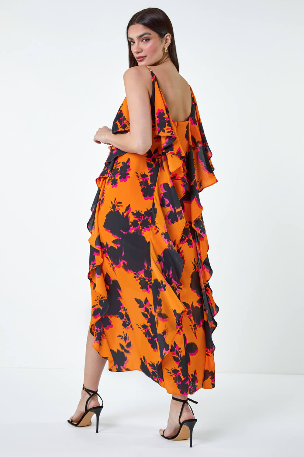 Orange Floral Chiffon Ruffle Detail Midi Dress | Roman UK