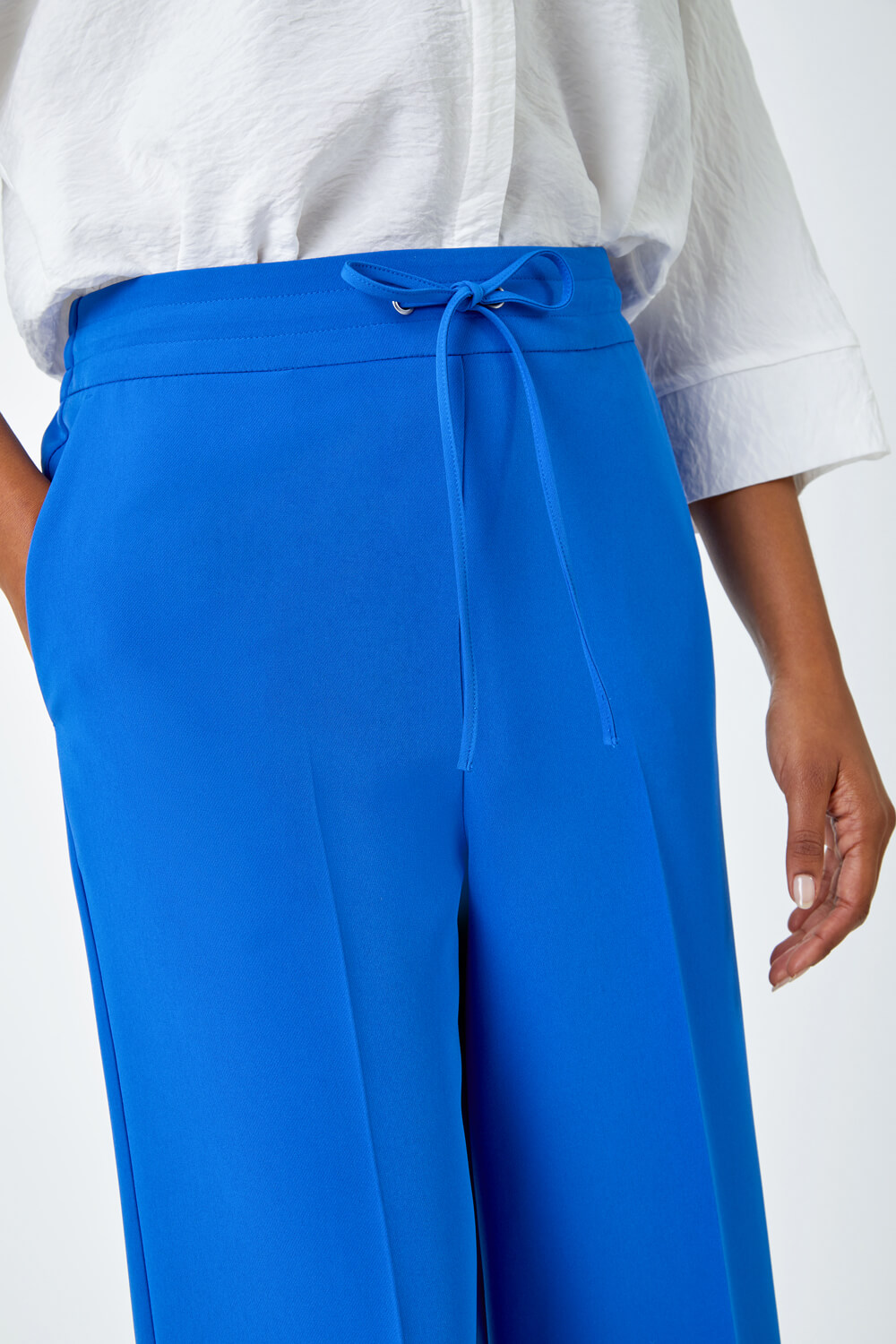 Royal Blue Wide Leg Tie Front Stretch Trouser, Image 5 of 5