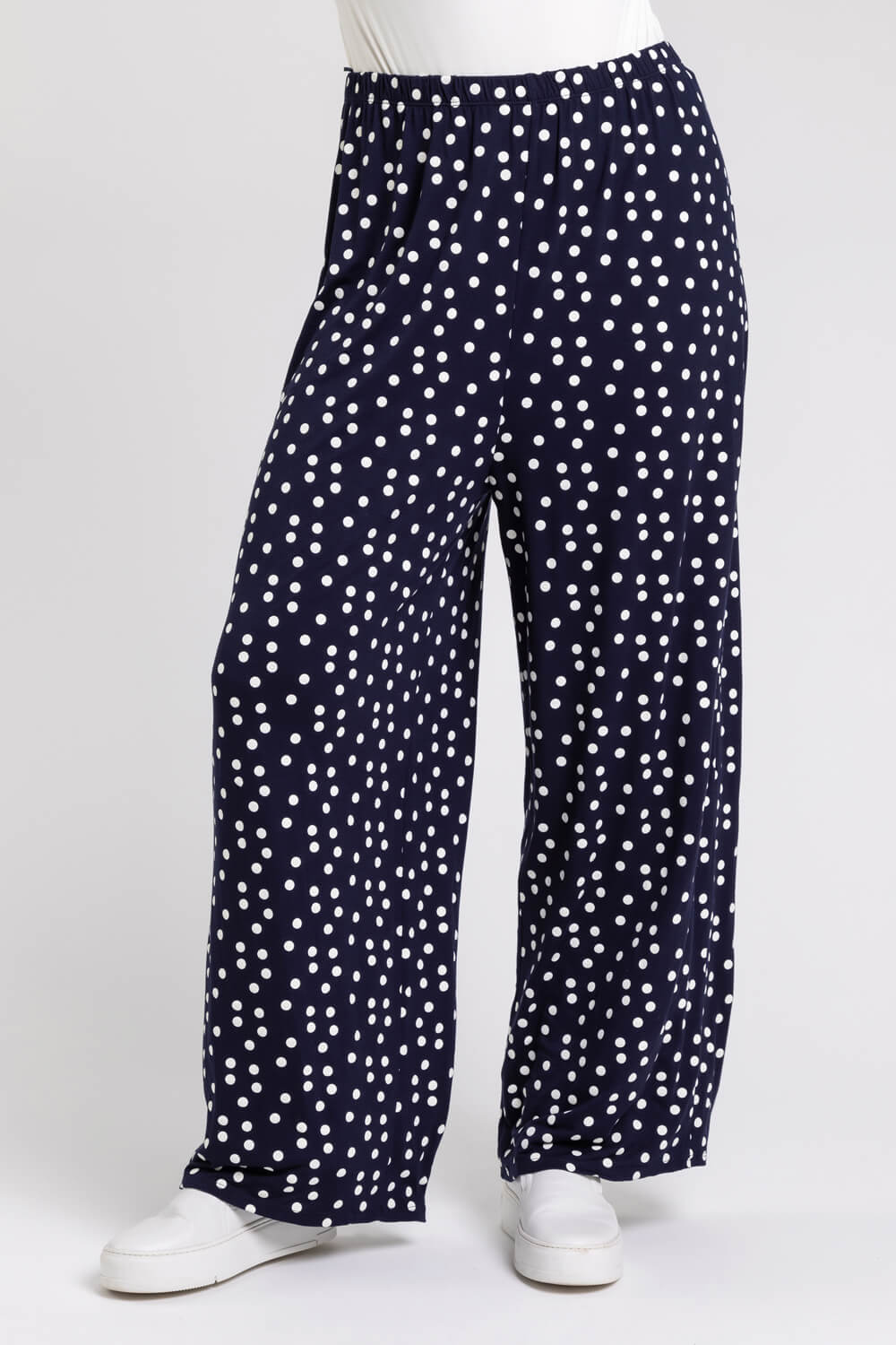 Curve Spot Print Wide Leg Trousers in Navy - Roman Originals UK