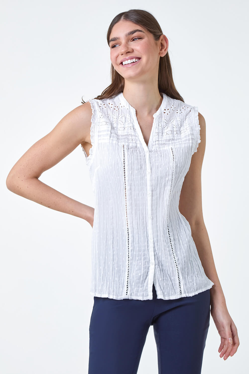 Ivory  Broderie Crinkle Cotton Top, Image 2 of 5