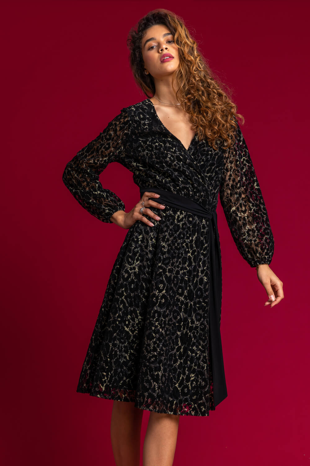 Shimmer Animal Print Lace Wrap Dress in Black - Roman Originals UK