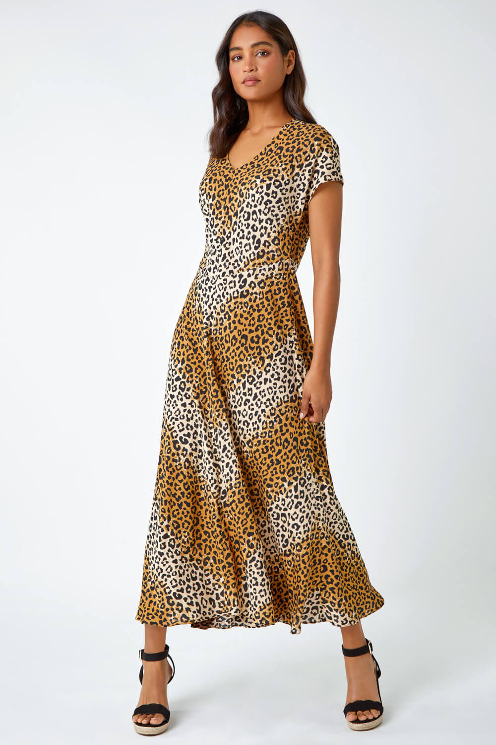 Camel  Leopard Print Bias Cut Midi Dress, Image 2 of 5