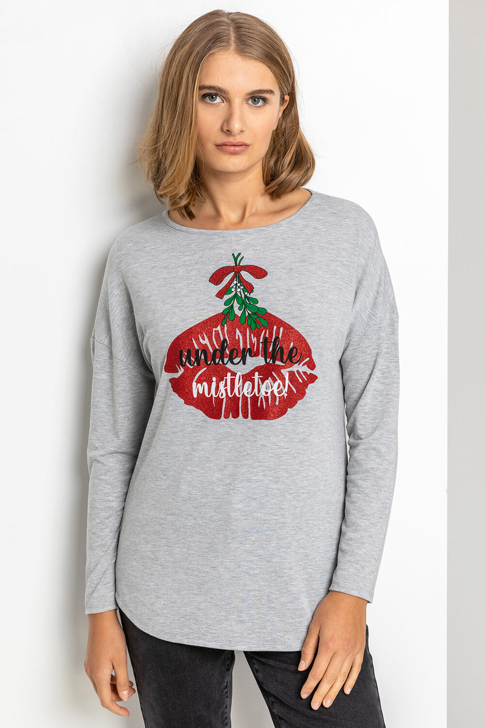 Grey Christmas Mistletoe Motif Jersey Top, Image 1 of 4