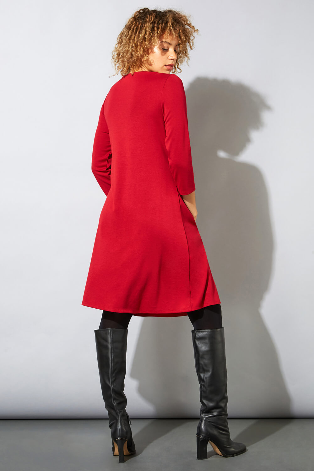 Red A-Line Pocket Detail Swing Dress, Image 2 of 4