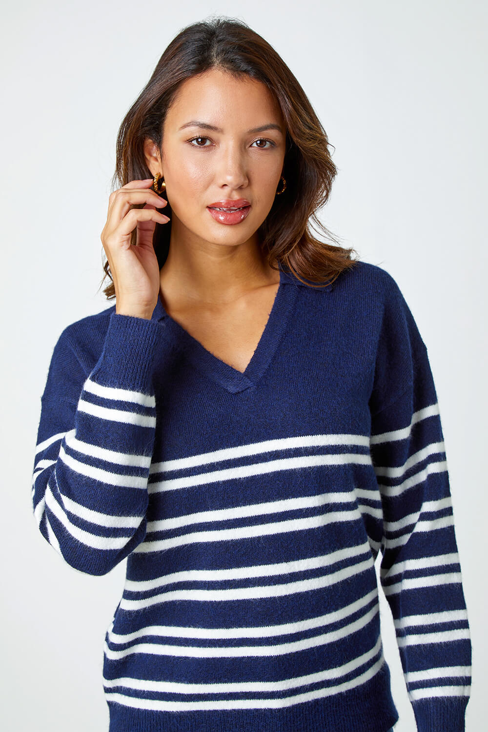 Navy  Stripe Print Collared Stretch Jumper, Image 4 of 5