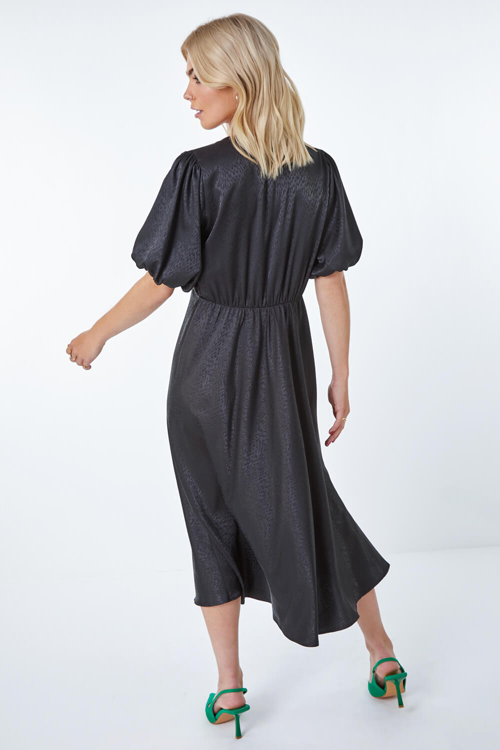 Black Puff Sleeve Satin Midi Dress, Image 3 of 5
