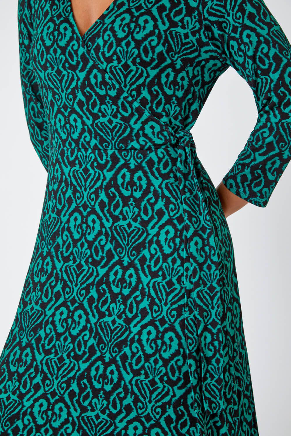 Green Petite Aztec Print Tie Waist Midi Stretch Dress , Image 5 of 5