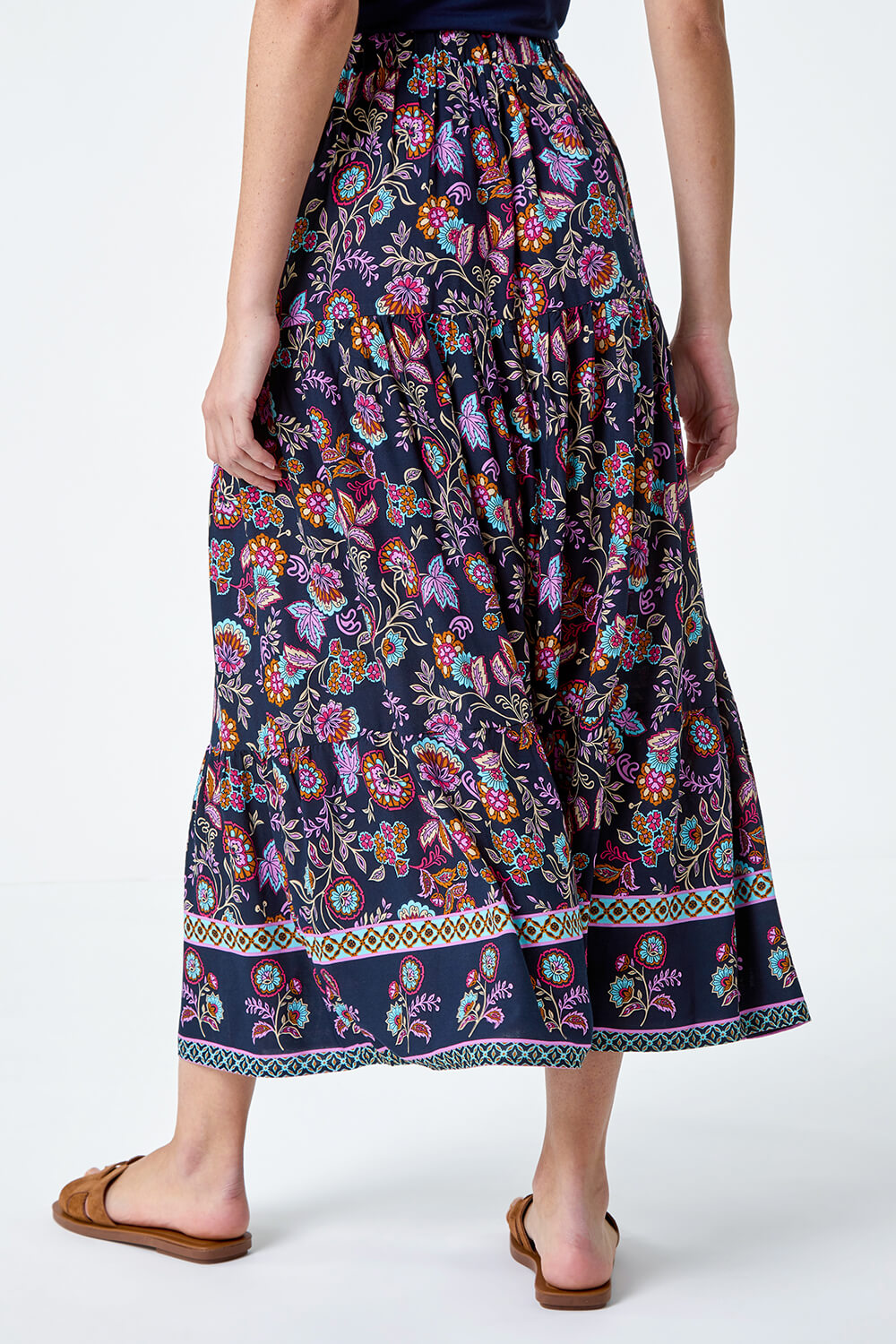 Purple Paisley Floral Button Tiered Midi Skirt, Image 3 of 5