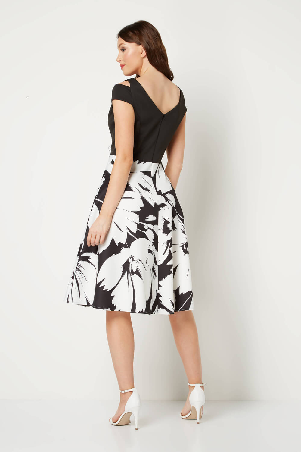 Black Fit and Flare Floral Scuba Dress, Image 2 of 3