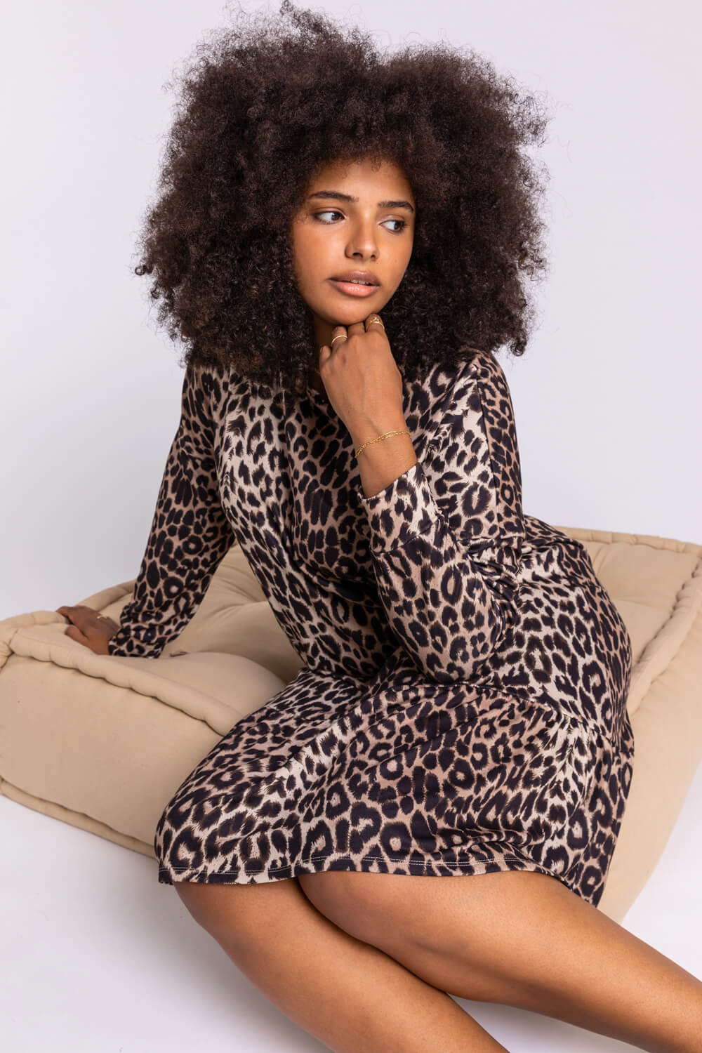 Camel  Curve Leopard Print Frilled Dress, Image 2 of 5