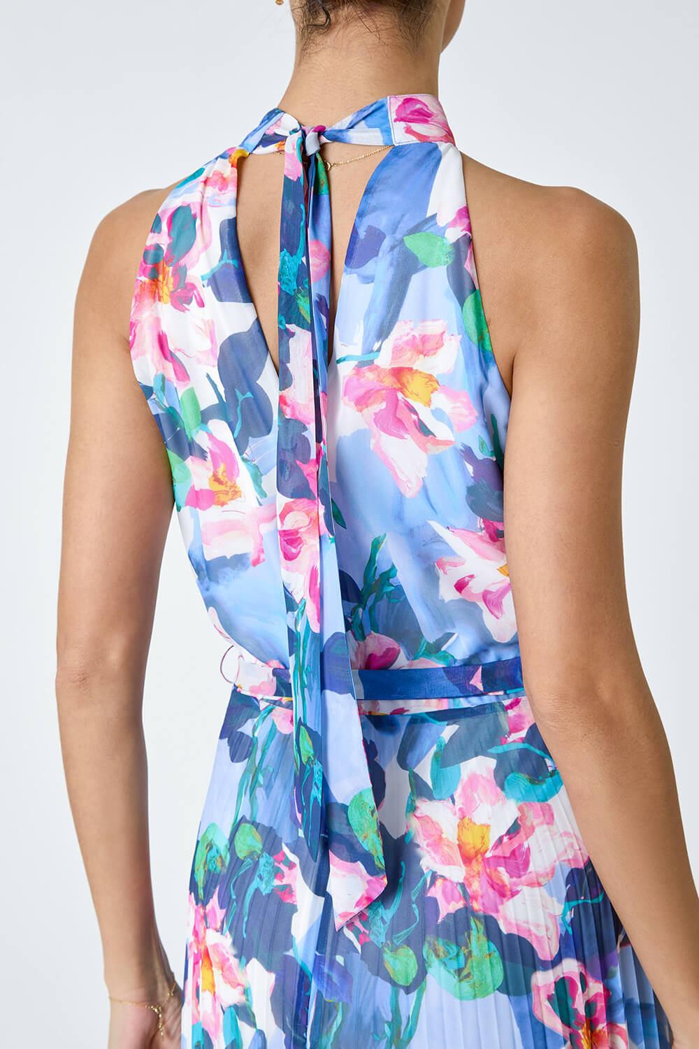Blue Floral Print Pleated Midi Dress, Image 5 of 5