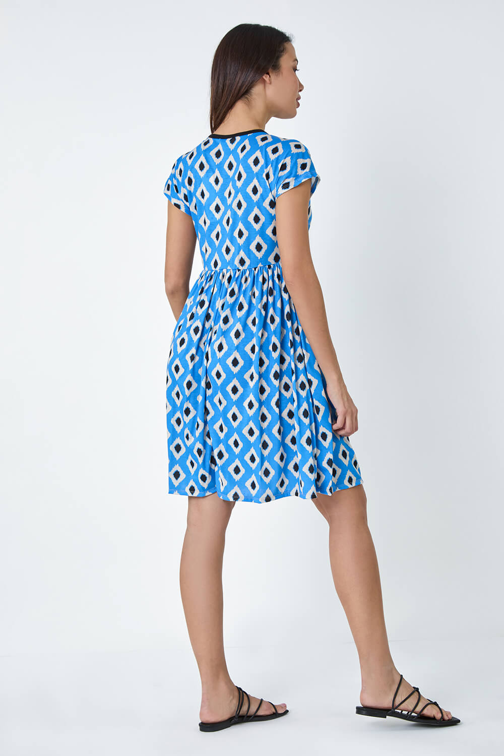 Blue Contrast Geometric Print Stretch Dress, Image 3 of 5