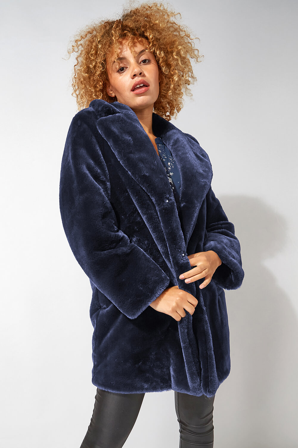 Faux Fur Collared Coat in Midnight Blue - Roman Originals UK
