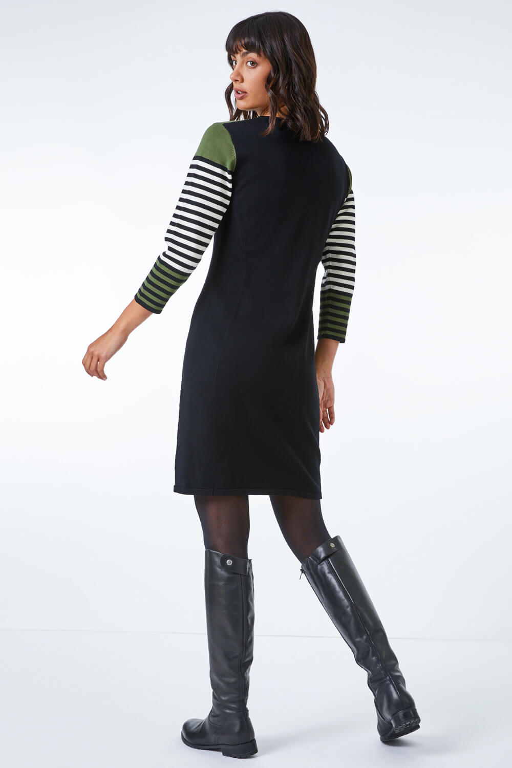 Olive Colour Block Knitted Stripe Dress, Image 3 of 5