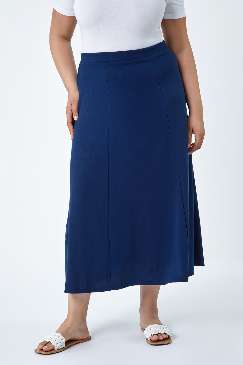 Navy  Curve Flared Midi Stretch Skirt, Image 4 of 5